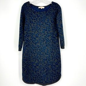 Loft Cheetah Animal Print Gray Blue Sweater Dress Quarter Sleeves Size Medium